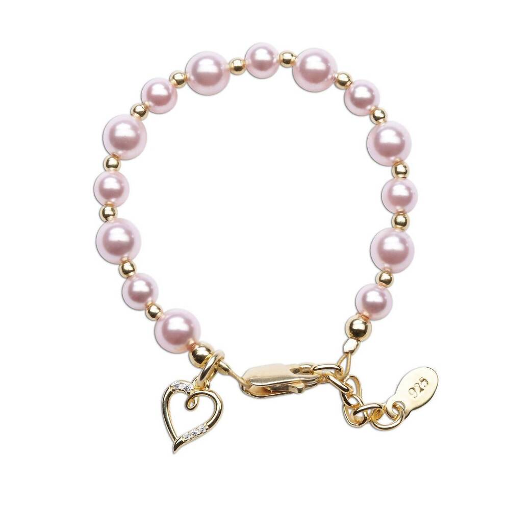 NEW CHERISHED MOMENTS kid's larkin pearl with heart bracelet in gold plate/sterl